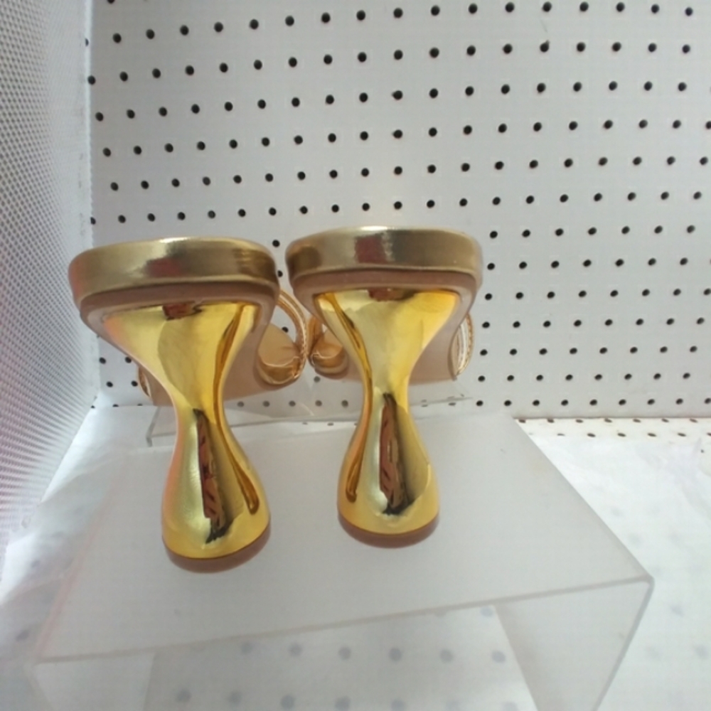 Gold Metallic Leather 3" Mid Heel Strappy Kitten-Heel Pump Peep-toe & Pointy-Toe - Picture 5 of 7